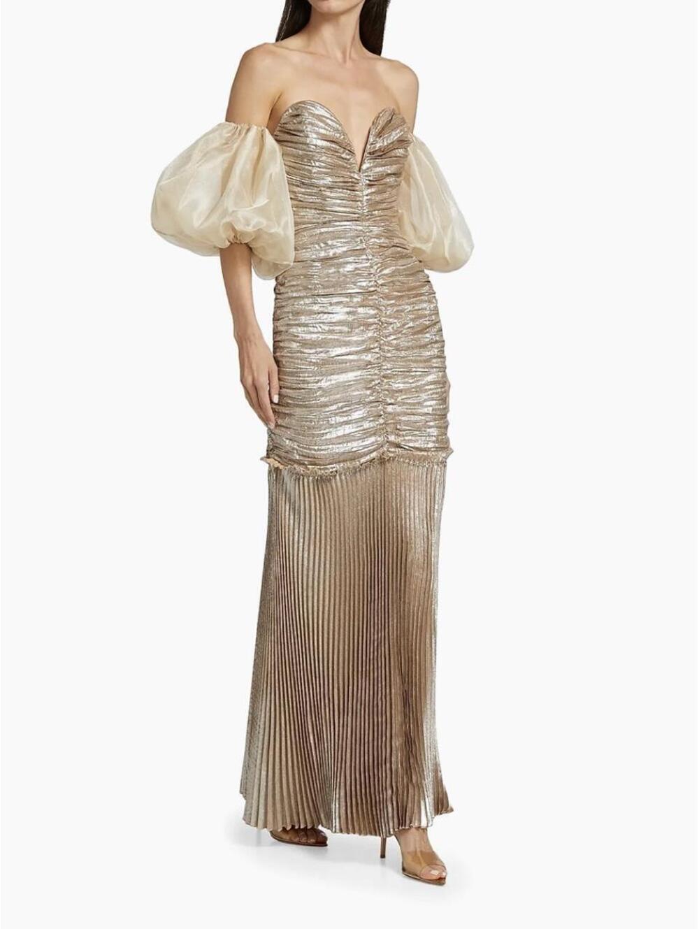 L’Idee La Fete Parlour Metallic Ruched Balloon-Sleeve Gown